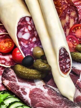 Charcuterie board featuring assorted meats, cheeses, and fresh vegetables prepared for a summer gatheringの写真素材