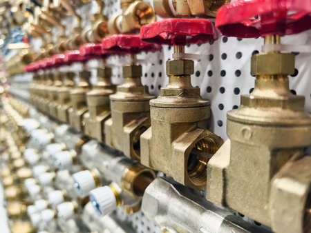Collection of brass valves displayed in a hardware store for plumbing and installation purposesの写真素材