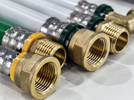 Close-up view of various metal and plastic plumbing pipes with fittings arranged on a work surface...