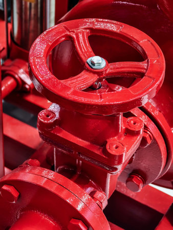 Detailed close-up of a red valve on industrial piping system showcasing mechanical precision and...