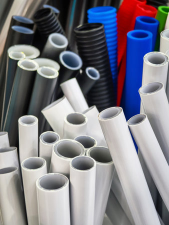 Colorful assortment of plastic tubes arranged neatly at a hardware store in the afternoonの写真素材