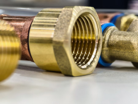 Close-up view of brass and copper plumbing fittings arranged on a workbench in a workshop during daytimeの写真素材