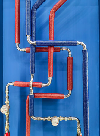Colorful piping arrangement with blue background showcasing plumbing design elements and gaugesの写真素材