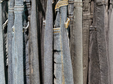 Various styles of denim jeans displayed in a clothing store for fashion enthusiasts shopping in the afternoonの写真素材