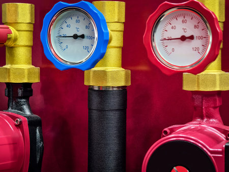 Colorful pressure gauges and valves in industrial setting showcasing temperature readings and...
