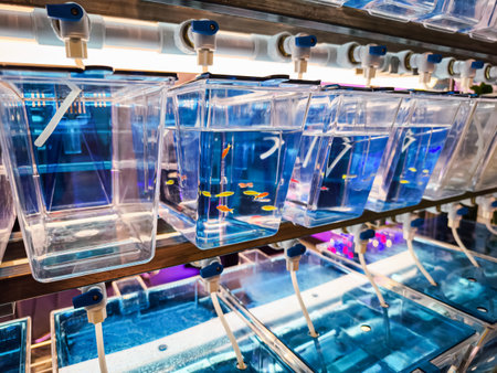 Colorful fish swimming in clear tanks at a tropical aquarium during daytimeの写真素材