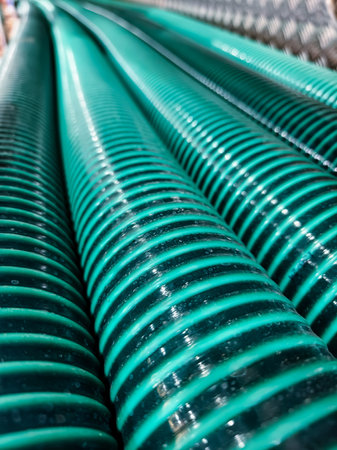 Green coiled pipes stacked neatly in a construction area during daylight