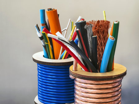 Colorful collection of crafting and electrical wires arranged in spools on a neutral background
