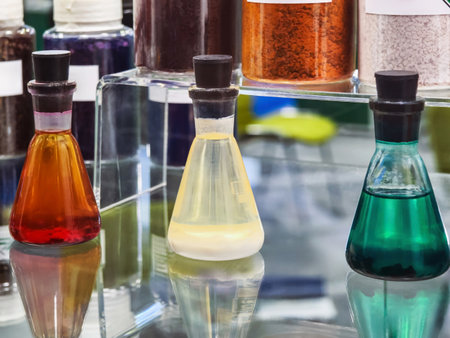 Colorful glass bottles containing various substances displayed in a laboratory setting with a reflective surfaceの写真素材