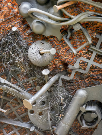 Detailed close-up of various components showcasing intricate textures, materials, and engineering design elementsの写真素材