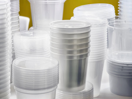 Clear plastic cups and containers stacked neatly on a table in a bright space suitable for events or gatheringsの写真素材