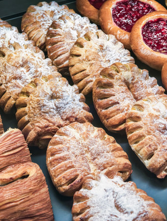 Freshly baked pastries arranged neatly in a display case at a local bakery during the morning hoursの写真素材