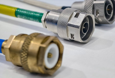 Connectors for electronic wiring on a white background showcasing different designs and materials for various applicationsの写真素材