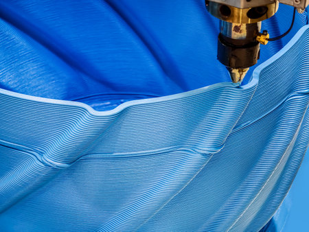 Advanced 3D printing process creates intricate blue patterns in a flexible material on a production lineの写真素材