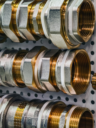 Various types of metal fittings displayed on a pegboard in a hardware store during daylight hoursの写真素材