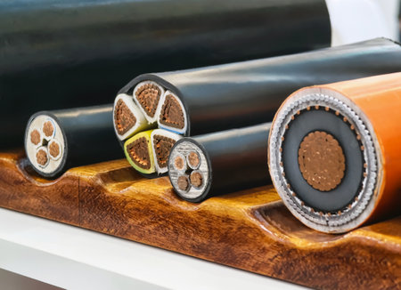 Detailed view of various electric cables on display at a construction trade show in the afternoonの写真素材