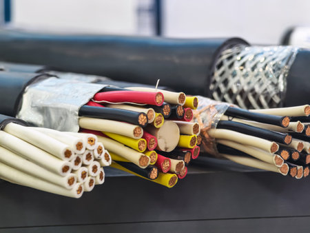 Various types of electrical cables arranged neatly in a workshop setting during daylight hoursの写真素材