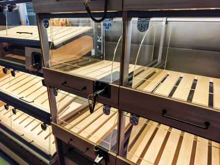 Wooden display boxes arranged for showcasing products in a retail environmentの写真素材