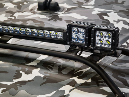 Innovative camouflaged vehicle light bar with LED technology showcasing functionality and designの写真素材
