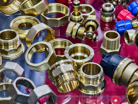 Collection of assorted brass fittings and valves displayed on a glossy surface in a hardware store settingの写真素材