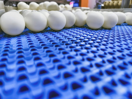 Large white eggs processed on a conveyor belt in an industrial facility during daylight hoursの写真素材