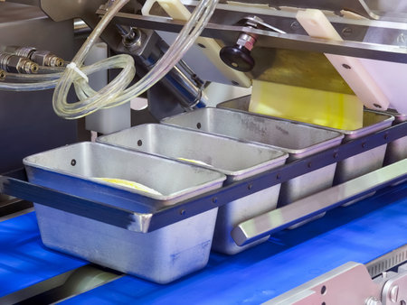 Production line processes batter filling into metal baking pans at a food manufacturing facility in the morning hoursの写真素材