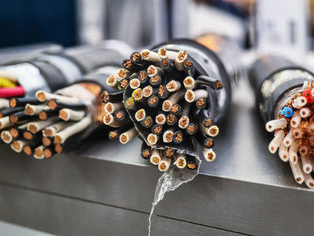 Various types of electrical cables displayed on a table at a technical exhibition in a busy urban centerの写真素材