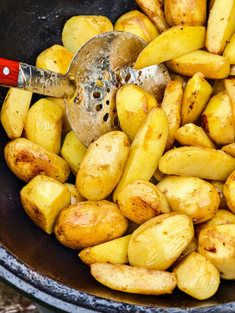 Golden roasted potatoes prepared in a rustic pot over a fire outdoors during an afternoon gatheringの写真素材