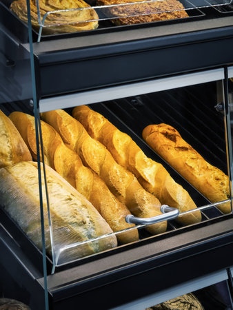 Freshly baked bread in a display case at a local bakery during morning hoursの写真素材