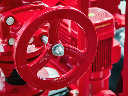 Close-up view of red industrial valve handle in a workshop, showcasing detailed craftsmanship and machinery componentsの写真素材