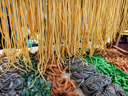 Colorful homemade pasta varieties hanging to dry in an Italian kitchen during daylight hoursの写真素材