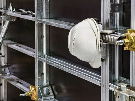 Construction site showcasing a white hard hat placed on metal framework during the dayの写真素材