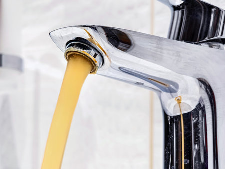 Water flowing from faucet with an unusual yellow color, raising concerns about plumbing issues at homeの写真素材