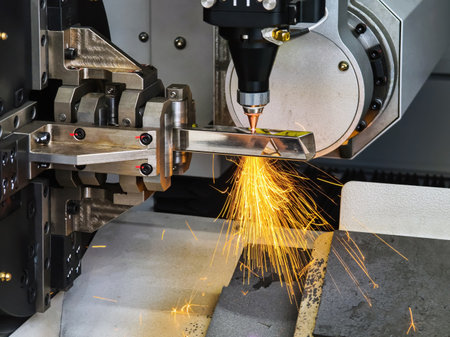 Laser cutting process in a manufacturing facility showcasing sparks flying from metalworkの写真素材