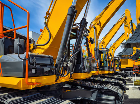 Heavy construction machinery lined up at a construction site under blue sky with minimal cloudsの写真素材