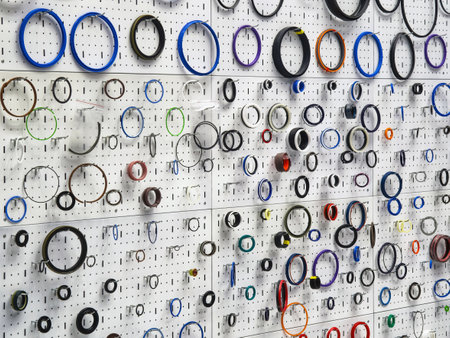 Colorful assortment of rubber seals displayed on a wall in a workshop for industrial applicationsの写真素材