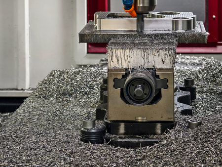 Metal machining process showcases intricate details and precise engineering in a workshop setting during daylight hoursの写真素材