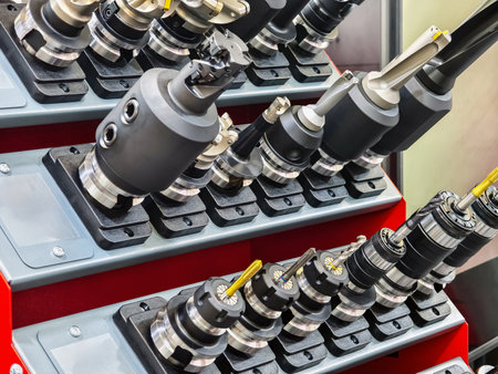 Precision tools displayed in organized storage for machining at industrial workshopの写真素材