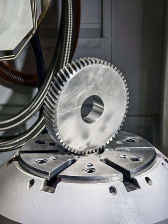 Precision metal gear placed on a machining table in a modern manufacturing facility during daylight hoursの写真素材