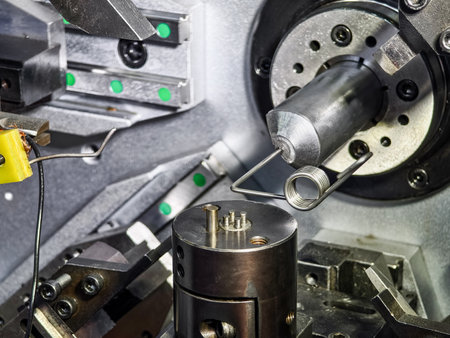Wire bending machine demonstrates precision in metal fabrication at a manufacturing facilityの写真素材