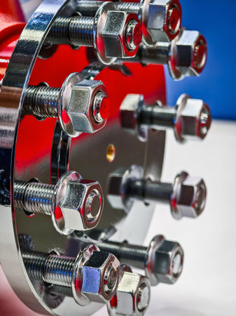Close-up view of a shiny, silver mechanical component showcasing precision bolts and nuts in a workshop settingの写真素材