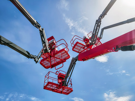 Workers operating lift equipment under clear blue sky during outdoor construction activity near urban areaの写真素材