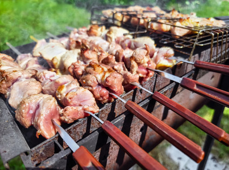 Grilling skewers at a summer barbecue gathering in a backyard setting with friends and family enjoying outdoor cookingの写真素材