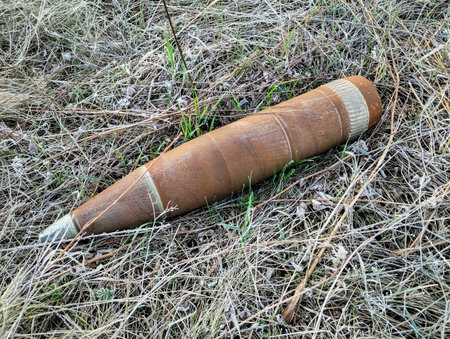Explosive shell resting in grassland after a conflict, highlighting dangers of unexploded ordnance in rural areasの写真素材