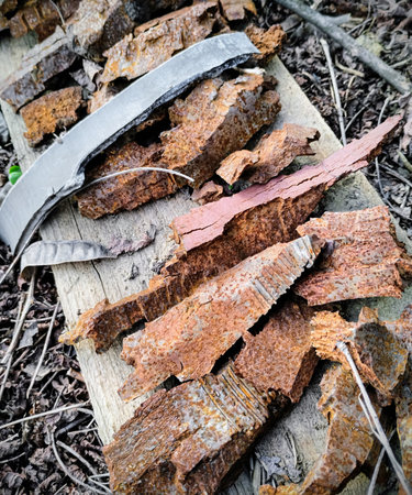 there are many different rusty fragments from shells and minesの写真素材
