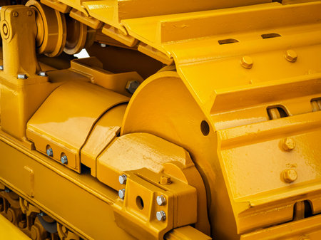Heavy machinery components highlighted in bright yellow during construction at a job site in the afternoon sunの写真素材