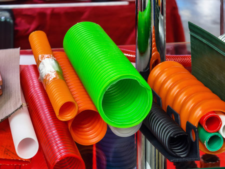 Colorful collection of plastic tubes displayed at a market stall during a sunny afternoonの写真素材