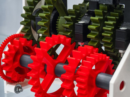 Colorful gears in a mechanical assembly showcase intricate design