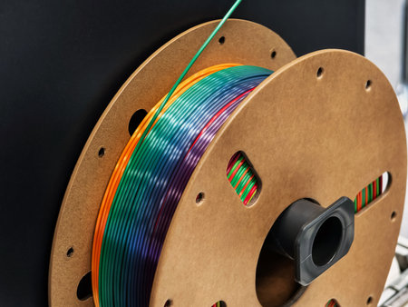Colorful 3D printing filament spool on a holder in a modern workshop setting with tools in the backgroundの写真素材