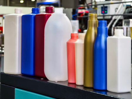 Colorful plastic bottles arranged in a row showcasing various shapes and sizes in a factory settingの写真素材